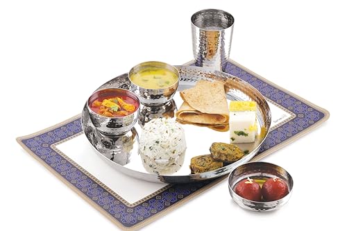 Image of TOSAA Stainless Steel Dinner Set Deluxe REG O Shape- 5 PCS Set Stainless Steel Dinner Set |Includes Plate, Curry Bowls, Side Plate, Glass & Spoon |Silver