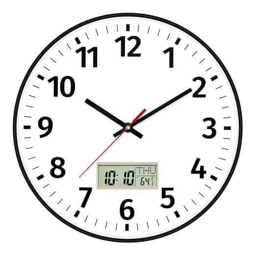 Foxtop Digital Wall Clock with Time, Day of Week and Temperature, Silent Non-Ticking Battery Operated Round Digital and Analog Wall Clock for Classroom Office Bedroom Home School (12 Inch, Black)