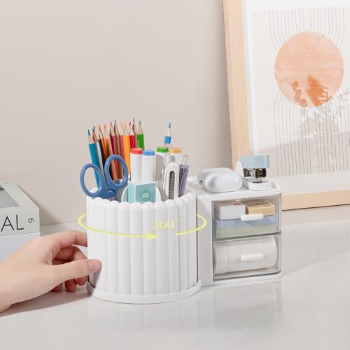 Image of Anyoifax 360 Rotating Pen Holder 7 Slots Desk Organizer with Drawer Removable Pencil Cup Plastic Art Supplies and Accessories Desktop Storage Box Caddy for Office, School, Home (White)
