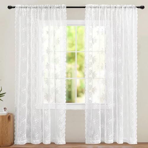 PORFOYO Lot De 2 Rideaux en Dentelle Blanche, Rideau en Dentelle, 150x200 Cm Transparent avec Motif Floral, Idéal pour Salon, Chambre À Coucher, Cuisine,...