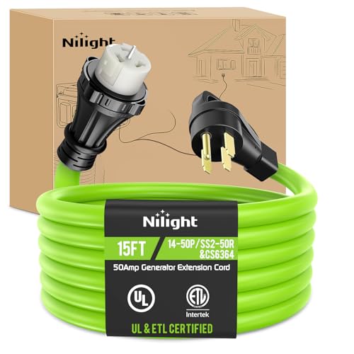 Image of Nilight 15FT 50 Amp Generator Extension Cord 250V Heavy Duty 6 /3+8 /1 Gauge Pure Copper STW Wire ETL Listed 4 Prong 14-50P SS2-50R&CS6364 Suit for RV Camper Outdoor Use Bright Green