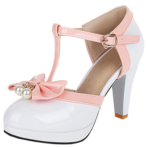 Image of Elbslutt Women's Cute Retro Rockabilly Shoes T Strap Mary Janes Heels Chunky Cosplay Shoes Sweet Block Heeled Bow Pumps