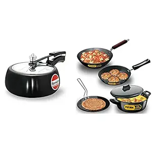 Hawkins Contura Hard Anodised Aluminium Pressure Cooker, 3.5 Litres, Black & Hawkins Futura Hard Anodised Cookware Set, 4 Pieces (Ls1)
