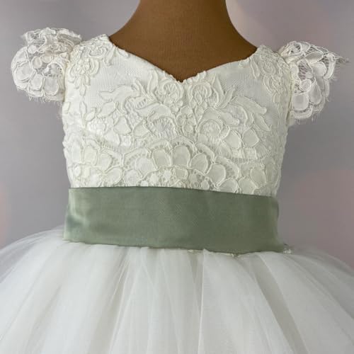 Custom Flower Girl Dress Tulle Floral Pattern Appliques Top with Green Bow Belt Cap Sleeve for Wedding Party Birthday Banquet Holy Communion Gowns2