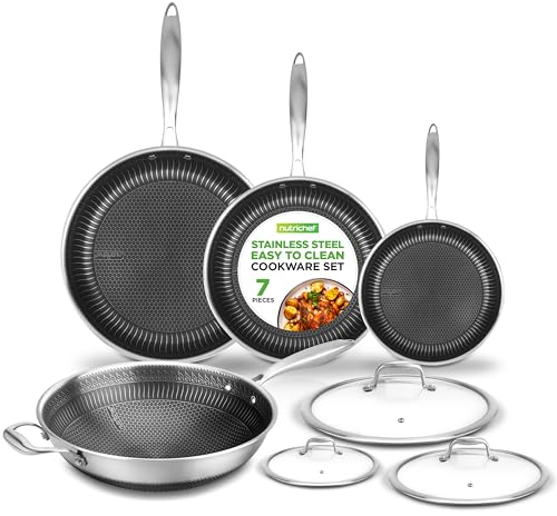 Image of NutriChef 7-Piece Cookware Set Stainless Steel - Triply Kitchenware Pans Set Kitchen Cookware w /DAKIN Etching Non-Stick Coating - Small, Medium, & Large Stir Fry Pan with Lid, Wok - NC3PLY7S