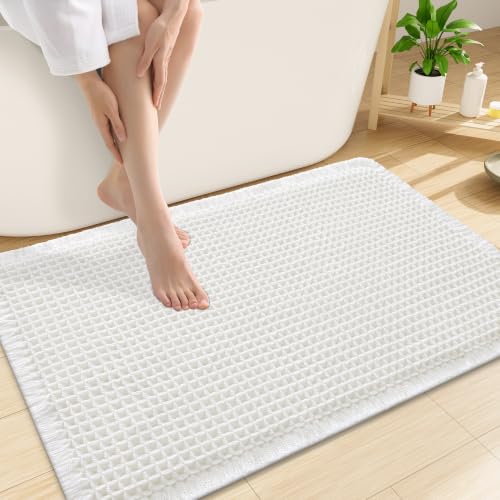 Image of Smiry Waffle Bath Mat 30x20, Extra Soft Absorbent Bathroom Rugs, Non Slip Machine Washable Quick Dry Bath Rugs for Bathroom Floor, Tub, Shower, Home Decor Accessories, White
