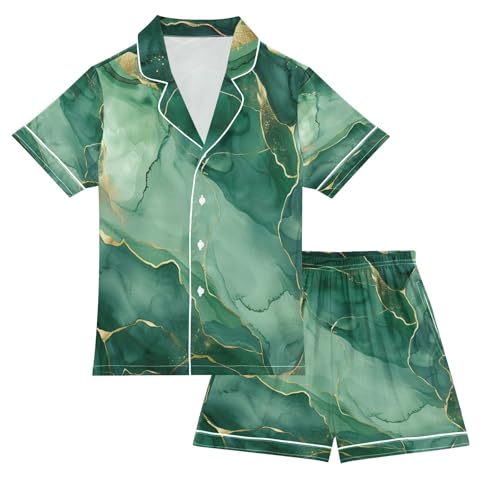 senya Pajama Sets Silky Button Down Nightwear Sleepwear Size 5-14 Years Green Marble