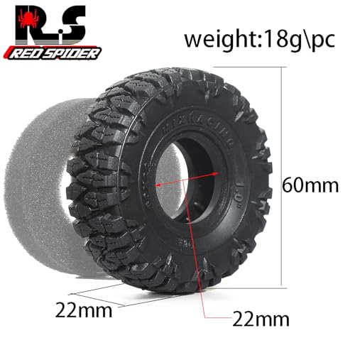 REDSPIDER 1.0 Crawler Tires (4pcs) 1.0'' Rubber Mud Tires OD?60 * 22mm With foam insert for 1/18 1/24 RC Crawler TRX4M Axial SCX24 FMS FCX18 FMS FCX24 Tires (1.0 AT Tires)