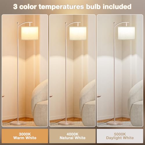 Image of Ambimall 60 inch Floor Lamp for Living Room with 3 Color Temperatures, Adjustable Beige Shade with Light Gold Pole, Tall Lamp for Bedroom Office Classroom Dorm Room, 9W Bulb Included