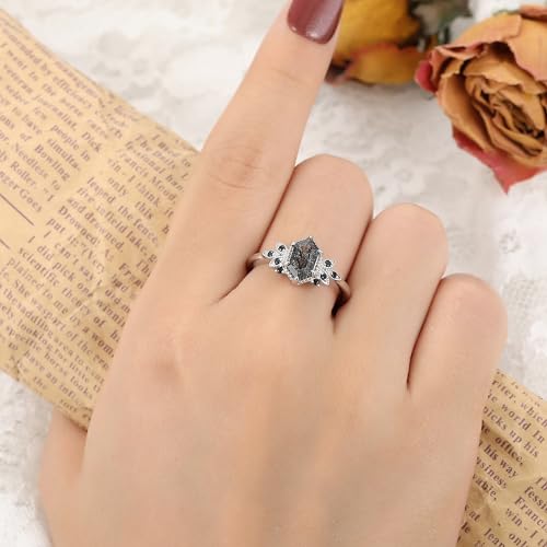 Natural Gemstone Wedding Ring for Women 925 Sterling Silver Platinum Plated Black Rutilated Quartz Vintage Promise Engagement Ring for Her Size 4-93