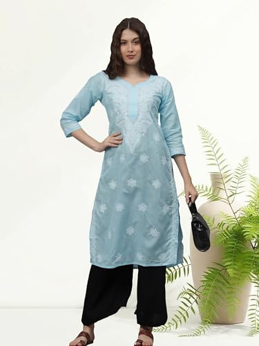 Image of Seva Chikan Hand Embroidered Lucknowi Chikankari Appricoat Peach Terivoil Cotton Kurta for Women SCL4603