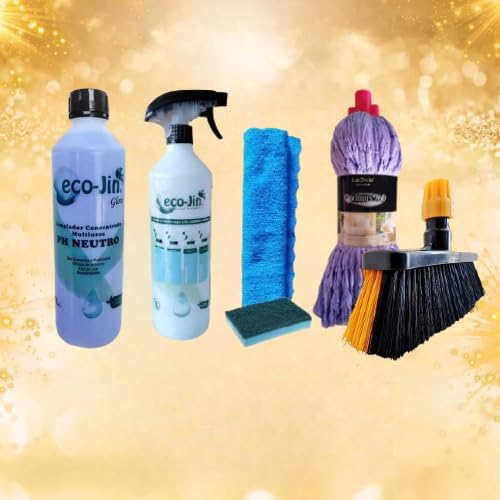 PACK LIMPIEZA ECO-JIN MULTISUPERFICIES FORMADO POR ESCOBA INTERIORES Y EXTERIORES + FREGONA OPTIMUS + DIFUSOR + BAYETA Y ESTROPAJO CON ESPONJA (GLOW/JAZMÍN)