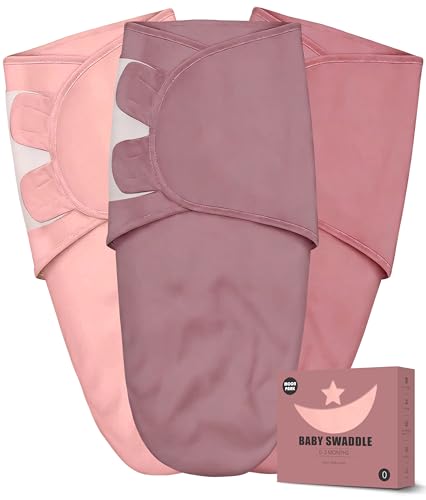 Newborn Swaddle Blanket Wrap 0-3 Months (3-Pack) - Adjustable Infant Sleep Sack 100% Cotton Anti-Startle Soothing Sack Soft Breathable Nursery Bedding - Dusty Rose + Pearl + Mauve