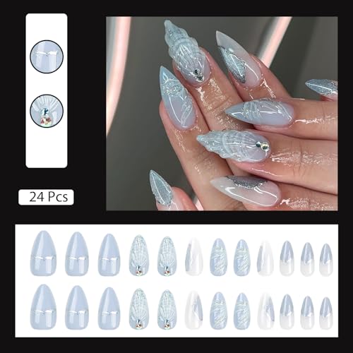 VOTACOS Light Blue Acrylic Press on Nails Almond Medium Summer Beach Acrylic Fake Nails Press Ons with Designs Glitter Rhinestone Glue on Nail for Women 24PCS Reusable Artificial Stick on False Nail — view 3