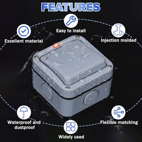 Idota Lichtschalter Außen Wetterfester Schalter Universalschalter, 20A IP66 Wasserdichter Schalter mit Staub Unabhängigem Schalter Und Kontrollleuchte Lichtschalter Aufputz für Outdoor Garten Balkon