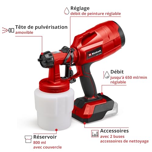 einhell pistolet à peinture sans fil tc sy 18/60 li solo power x change (18v, réservoir 100ml, 2 buses) livré sans batterie ni chargeur