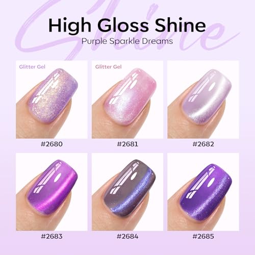 Image of modelones Cat Eye Gel Nail Polish, 6 Colors Purple Pink Glitter Gel Polish Set with Magnet Sparkle Galaxy Series Nail Polish Kit Soak Off Led Nail Art Manicure Salon DIY Gifts