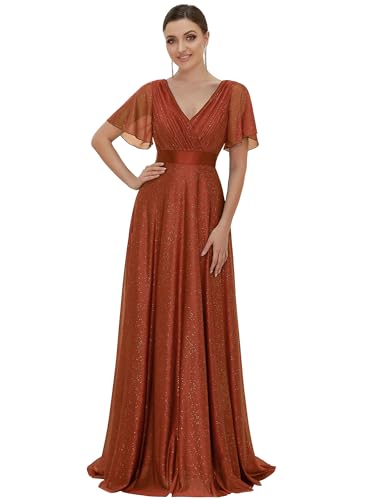 Ever-Pretty Robe Longue de Soiree Tulle Plissé Femme Manches Courtes Col V A Line Taille Empire Brillante Élégante Orange Caramel 46