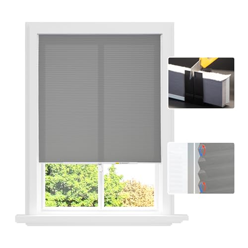 Easy Install Cellular Shades - No Drill Blinds for Windows, Blackout Shades No Drill, Custom Honeycomb Blinds for Easy Cutting - Telescopic Track (Grey, 29 x 64)