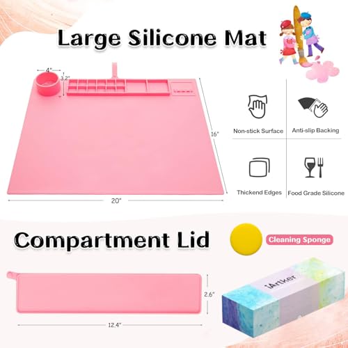 Silicone Painting Mat for Table Protection, 20"x16" Non-Slip Silicone Craft Art Mat with Cup and Lid for Painting, DIY, Resin, Clay, Pink