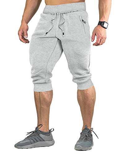 EKLENTSON Hombre 3/4 Jogger Pantalones Capri Cortos Deportivos Pantalones con Cremallera Bolsillo,Hombre,Gris Claro,W30 Cover