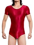 Freebily Herren Öl Glänzend Nylon Bodysuit Kurzarm T-shirt Body Einteiler Stretch Sportbody Fitness Gymnastik Turnanzug Rot L