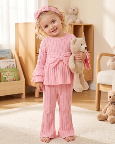 Image of SODLON Baby Girl Clothes Toddler Fall Winter Outfits Ruffle Long Sleeve Bow Top Flared Pants Set Bell Bottom Clothing 18M-5T