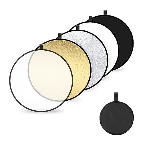 5 en 1 Réflecteur de Lumière Rond Pliable Reflecteur Lumiere Photo pour la Photographie de Mariage Portrait Selfie pour Studio et éclairage Extérieur 30cm (Translucide/Argent/Or/Blanc/Noir)