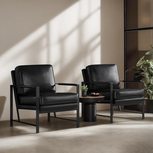 Image of Yaheetech Mid-Century Modern Accent Chairs Set of 2, Black | Oversized Faux Leather Chair with Soft Cushion, Ergonomic 105 Back, Reading Chair for Living Room, Bedroom and Waiting Room