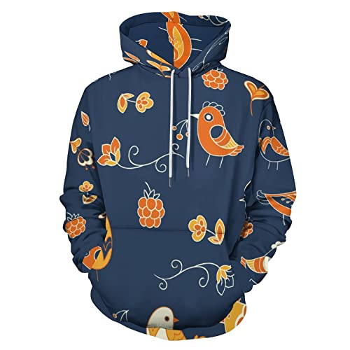 Sweatshirts à capuche avec poche orange oiseaux floral pour hommes et femmes taille S