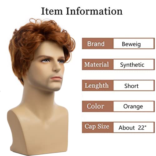 Beweig Men Wigs Short Orange Wig Synthetic Heat Resistant Natural Halloween Cosplay Hair Wig #TOP2