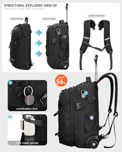 Rolling Backpack, 56L Large Backpacks with Wheels-Splits into Daypack & Laptop Backpack Fits 17 Inch Laptop,Water-Resistant & Carry-On Friendly for College,travel,camping,Weekender Hiking Black - Image 4