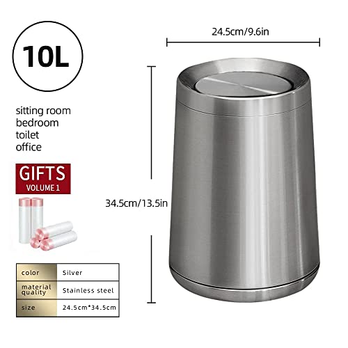 Image of 2.6Gallen Brushed Nickel Bathroom Trash Can with Lid, Stainless Steel Garbage Can with Flipping Lid,for Bathroom, Kitchen,Living Room,Bedroom,Hotel (Silver)