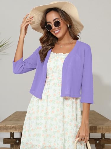 Image of Women's 3 /4 Sleeve Thin Shrugs Lightweight Open Front Cropped Sheer Cardigans for Summer