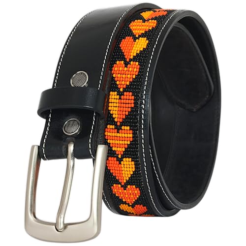 Black Leather Heart Beaded Belt Handmade Belt Gift For Mom/Dad/Wife/Husband/Girl