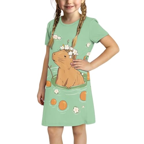 Girls Dresses 3-4Y Casual Short Sleeve Midi Dress Soft Home Garden Play Swing Dresses with Pockets3