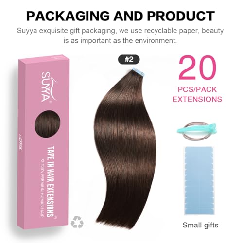 Image of SUYYA Tape In Hair Extensions Human Hair 18 Inch #2 Darkest Brown