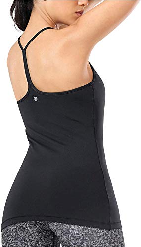 Crz Yoga Women's Y Back Spaghetti Strap Workout Tank Tops - With Built In Shelf Bra Sports Camisole Padded Long Length Black Medium #TOP6