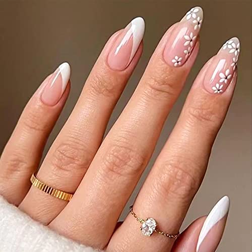 Cute Medium Fake Nails Almond Shaped Press on Nails with White Fl...