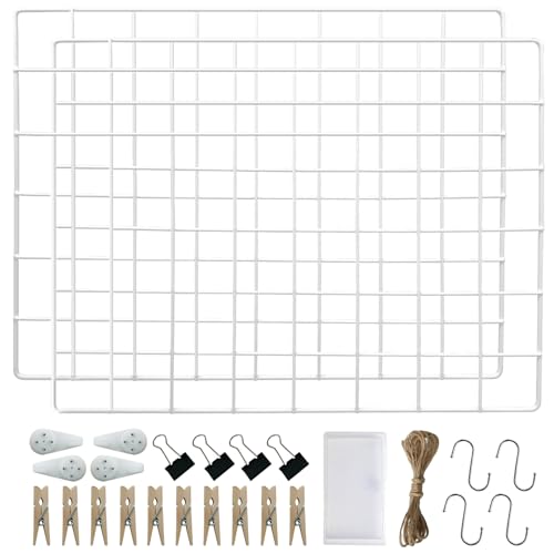 LOYONAL Wire Wall Grid Panel Clips, Metal Wall Grid Panel White, Photo Grid Display, Wire Photo Board, 2 Pcs Metal Wire Notice Board, Memo Board Wire in Office or Room DIY