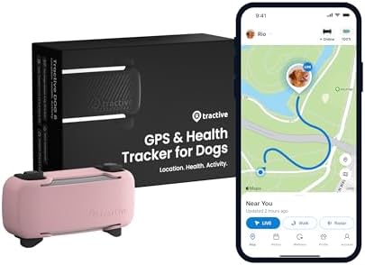 Tractive GPS Dog Tracker (2025 Release) Real-time Pet Location Tracker | Health & Wellness Alerts | Virtual Fence for Dogs | Bark Monitoring (Black w/Pink Cover)
