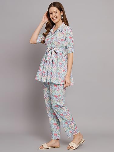 Image of Women's Cotton Regular Fit V Neck Printed Top with Trouser Co-ords Set with Fashion & Elegant Design (1 Top 1 Pant 1 Belt)