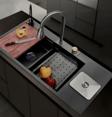 Image of COOTER 304 Grade 37x18x10 Kitchen Sink with ANTI SCRATCH HONEYCOMB DESIGN Integrated Waterfall and Pull Down Faucet with Water Purifier Tap, Fruit Basket with Complete Accessories (Black Dustbin)