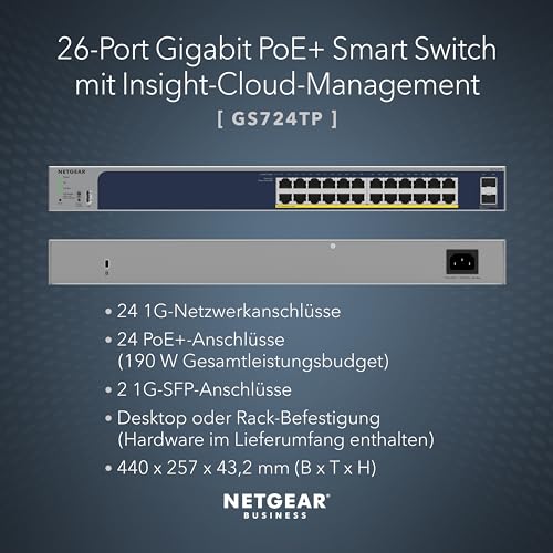 NETGEAR PoE Switch 24 Port (GS724TP V3), Gigabit PoE+ Smart Managed Switch 19 Zoll, 24x PoE+ 190W, 2X 1G-SFP, Desktop oder Rack-Montage, ProSAFE Lifetime-Garantie
