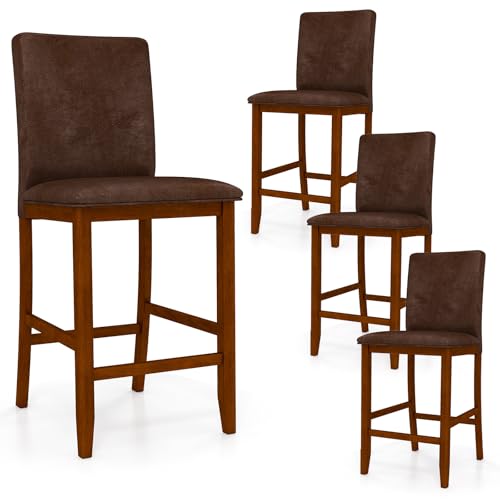 Butacos tapizados de altura para barra COSTWAY, set de 4 sillas de cocina con asiento acolchado en tela y respaldo, estilo mid century modern para comedor y pub, color nogal miniatura 1