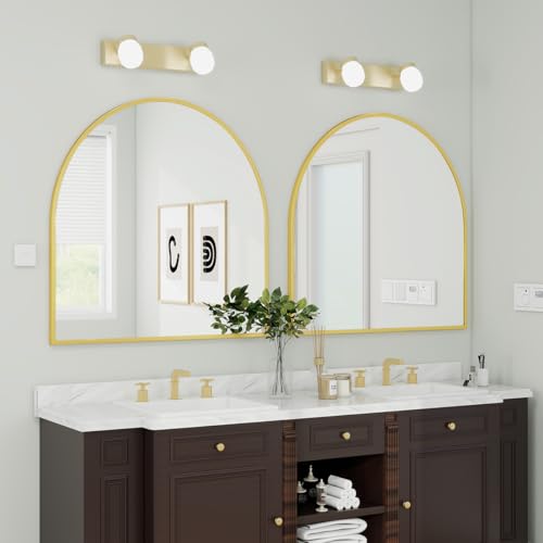 Image of BEAUTYPEAK 31 inchx32 inch Arch Bathroom Mirror, Wall Mounted Vanity Metal Frame Mirror for Bedroom, Entryway, Living Room, Gold