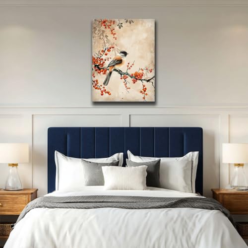Oiseau d'automne sur branche tableau décoration murale maison