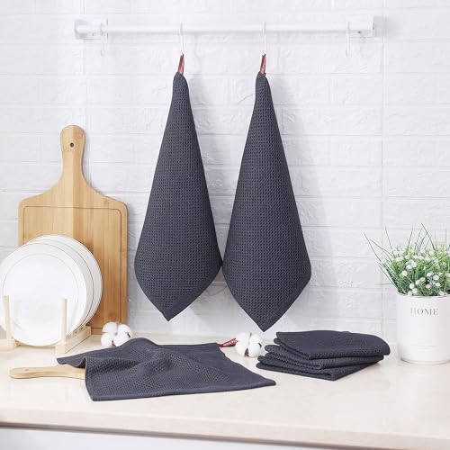Image of 100% Cotton Kitchen Dish Cloths, 6 Pack Waffle Weave Ultra Soft Absorbent Dish Towels for Drying Dishes Quick Drying Kitchen Towels Dish Rags, 13.4 X 13.4 Inches (Dark Grey, Pack of 6)
