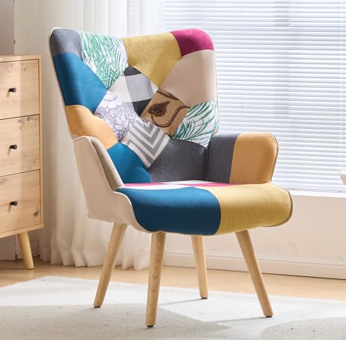XH.Easy Go Sillón de Acento Patchwork, Sillón Tapizado de Tela de Lino con Respaldo Alto y Patas de Madera, Silla Individual para Salón, Dormitorio y Sala de Espera ，Multicolor