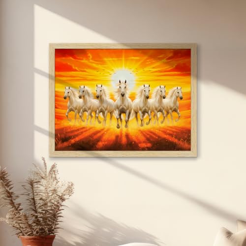 Image of ArtX Canvas 7 Horses Painting Vastu Frame Wall Art Painting, White Running Horses With Rising Sun, Wall Decor, Multicolor, Nature, 61.0 X 48.0 cm, Framed, Set of 1